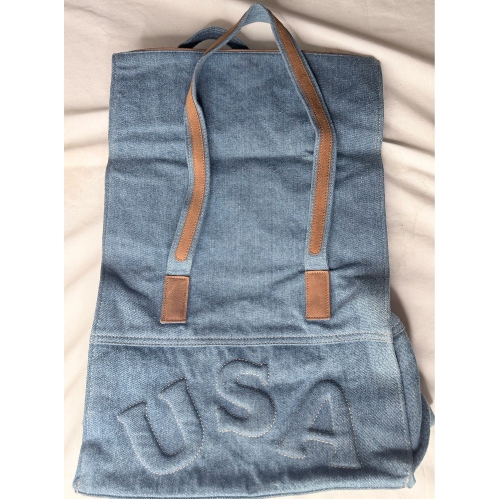 USA Denim Leather Trim Tote Blue Shoulder Bag Large Foldable Le Voar Purse - Picture 5 of 10
